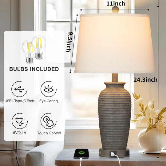 Set of 2 Bedside Resin Table Lamps with 3-Way Touch Control and Dual USB Ports