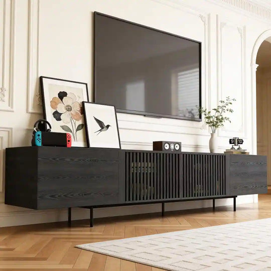 94.48 Inch Extra Long Black TV Stand with Slatted Doors, Modern Entertainment Center for Tvs up to 100 Inches,