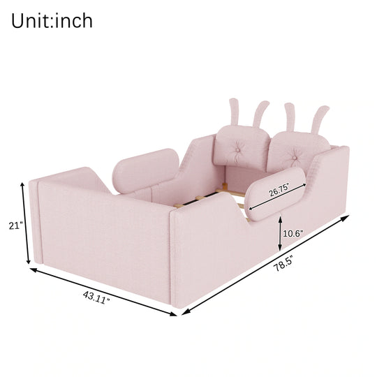 Twin Size Upholstered Platform Bed with Rabbit Cushion, Floor Upholstered Bed with Removable Side Rails