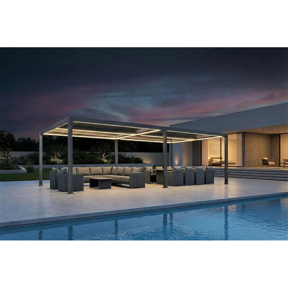 Solar Louvered Pergola with LED String Lights Aluminum Outdoor Pergola with Adjustable Roof for Patio Garden
