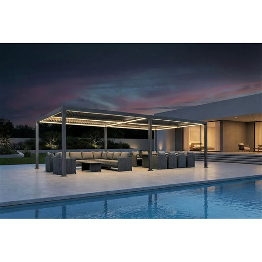 Solar Louvered Pergola with LED String Lights Aluminum Outdoor Pergola with Adjustable Roof for Patio Garden
