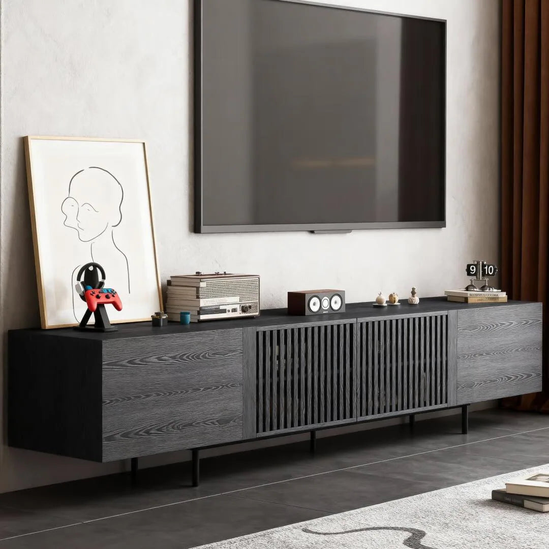 94.48 Inch Extra Long Black TV Stand with Slatted Doors, Modern Entertainment Center for Tvs up to 100 Inches,