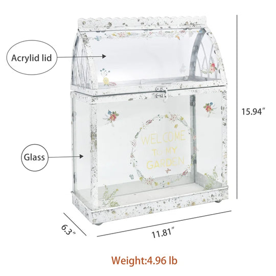 Vintage Glass Terrarium with Acrylic Lid ,Rustic Tabletop Greenhouse for Succulents, Air Plants