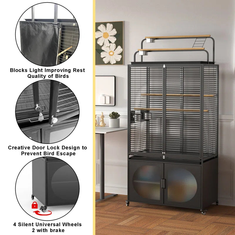 72-Inch Bird Cage with Play Top, Parakeet Cage with Rolling Storage Cabinet Extra Large with Cover