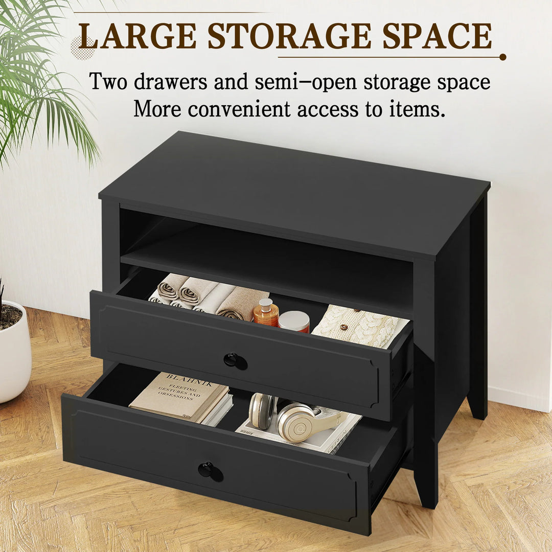 Wide Nightstand – 2‑Drawer Bedside Table with Open Shelf, MDF Wood End Table for Bedroom Living Room