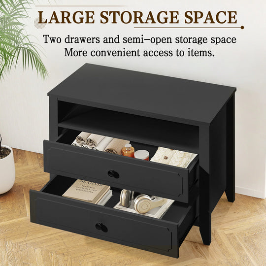 Wide Nightstand – 2‑Drawer Bedside Table with Open Shelf, MDF Wood End Table for Bedroom Living Room