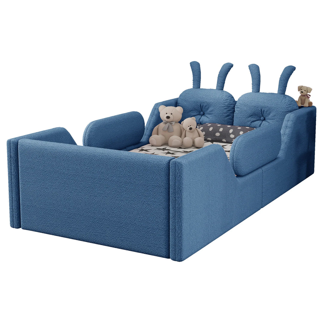 Twin Size Upholstered Platform Bed with Rabbit Cushion, Floor Upholstered Bed with Removable Side Rails