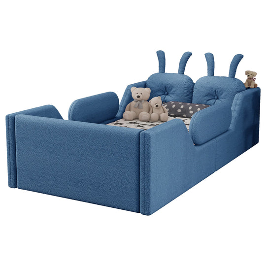 Twin Size Upholstered Platform Bed with Rabbit Cushion, Floor Upholstered Bed with Removable Side Rails