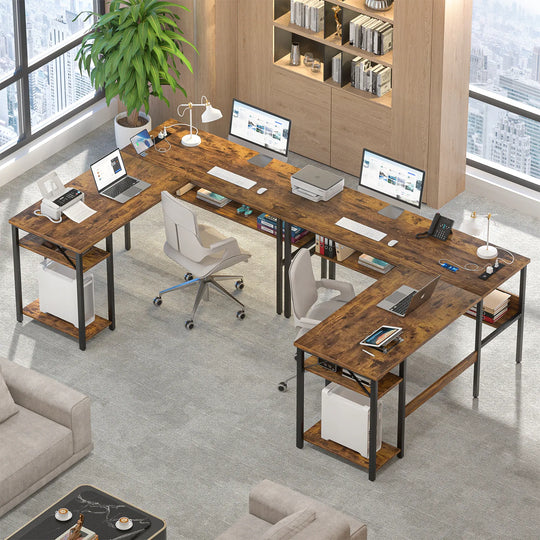 Reversible L Shaped Desk with Storage Shelves, Home Office Corner Desk with Charge Station