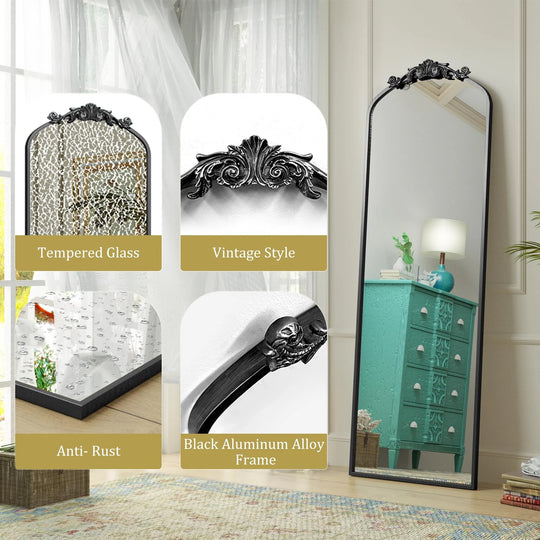 Arched Vintage Wall Mirror and Metal Frame Baroque Style Bathroom Vanity Mirror