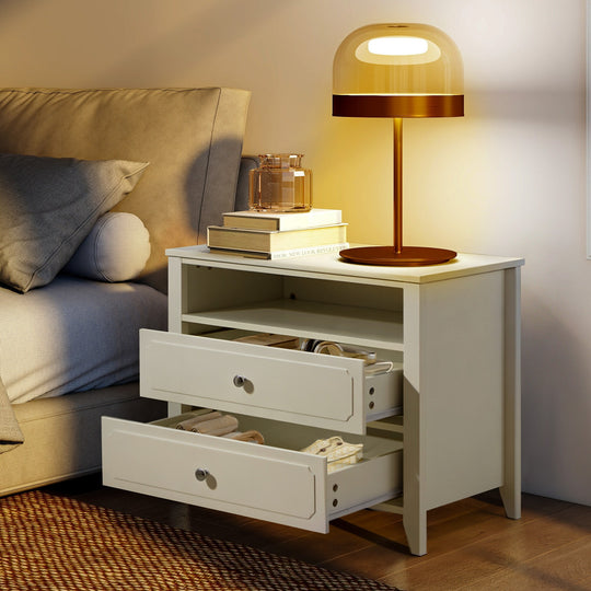 Wide Nightstand – 2‑Drawer Bedside Table with Open Shelf, MDF Wood End Table for Bedroom Living Room
