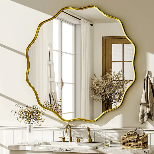 Round Wavy Bathroom Mirror Deep Frame Decorative Mirror Wall-Mounted