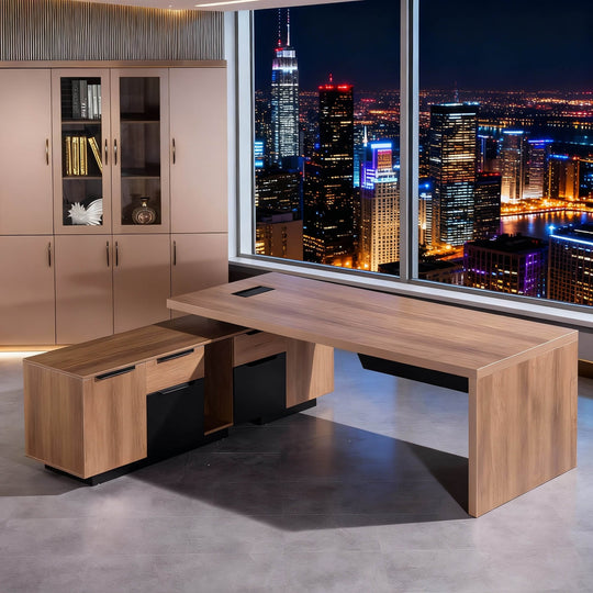WESOME Retractable L-Shaped Executive Desk with Cable Management Drawers and Lateral File Cabinet