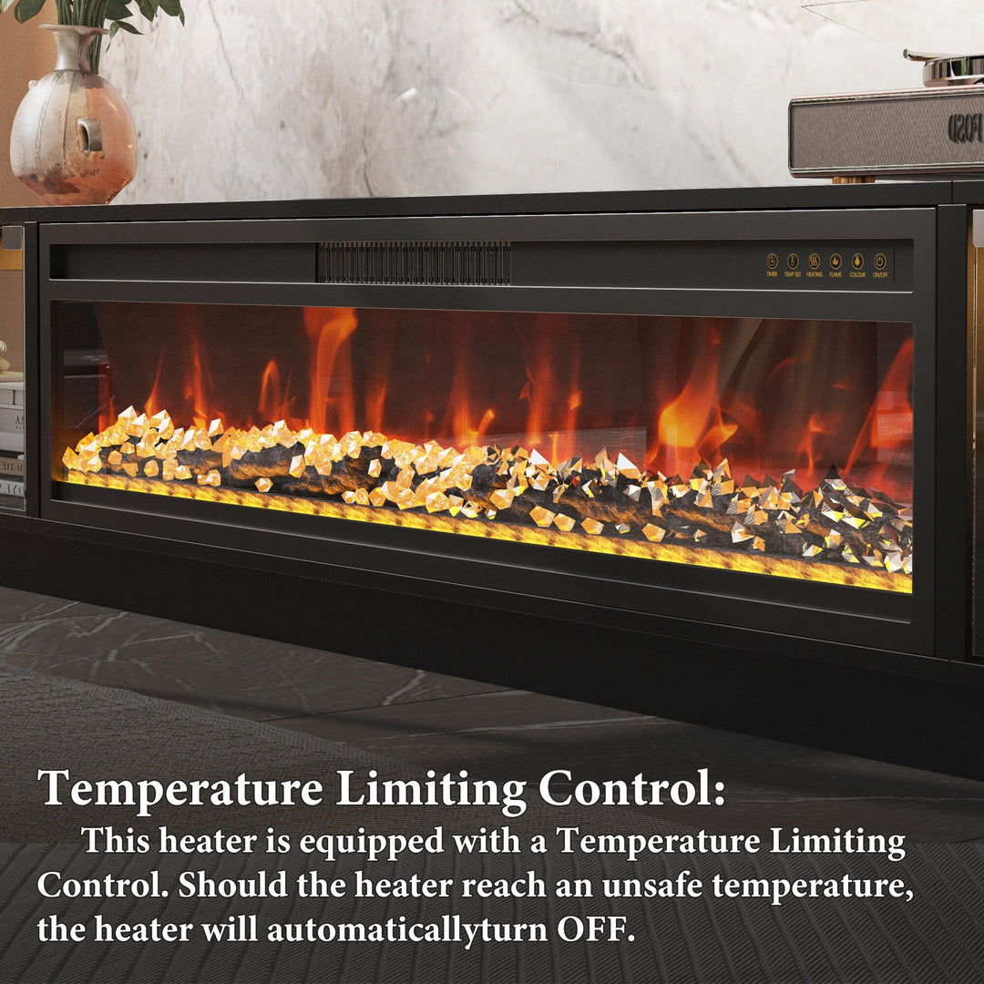 Modern Black Fireplace TV Stand Combo,Remote Fireplace Heater,2 Drawers,Light Strip & USB