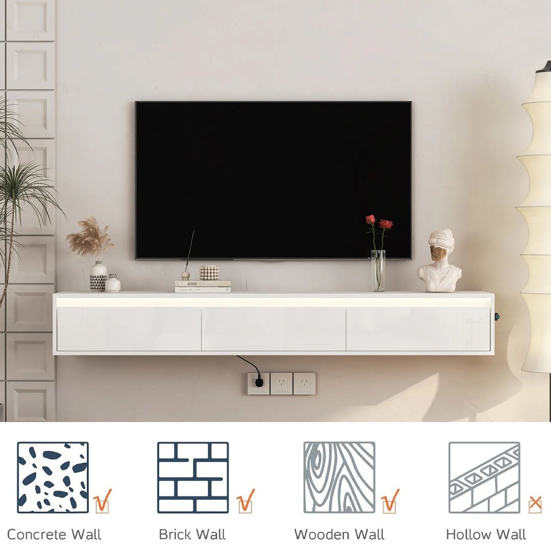 64" Floating Wall-Mounted TV Stand with Touch LED & Cord Management