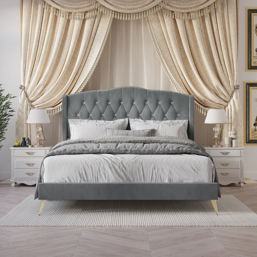 Velvet Diamond Button Tufted Upholstered Platform Bed