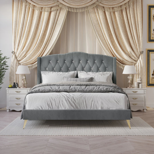 Velvet Diamond Button Tufted Upholstered Platform Bed