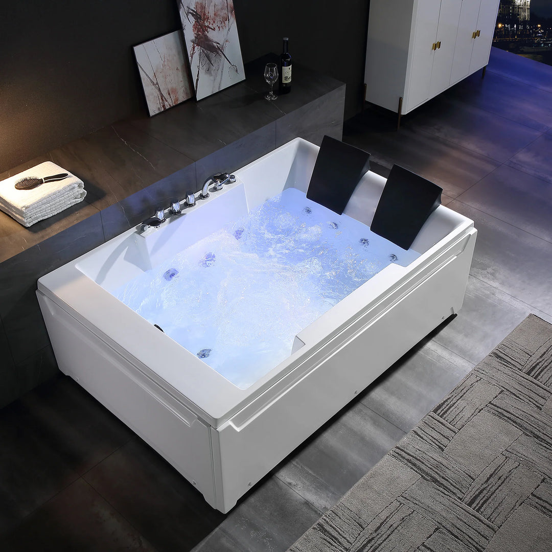 72" X 48" Acrylic Rectangle Whirlpool Bathtub - 10 Water Jets - Led Lights - Left Side Drain - 3-Side Alcove Install