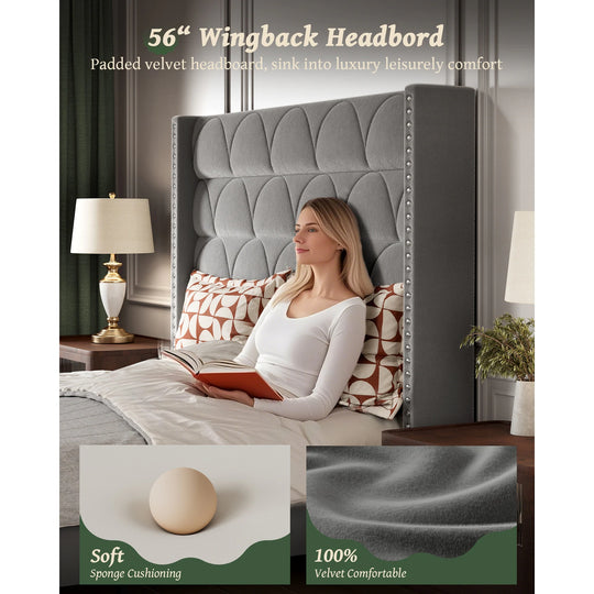 Hansabenne Solid Wood Bed Frame Queen and King Platform Bed Frame with Headboard White and Gray