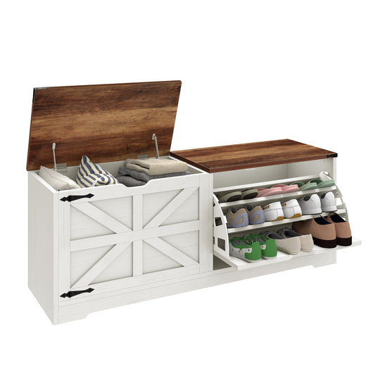 Farmhouse Shoe Storage Bench and Shoe Cabinet with Flip Drawer & Flip-Top Storage