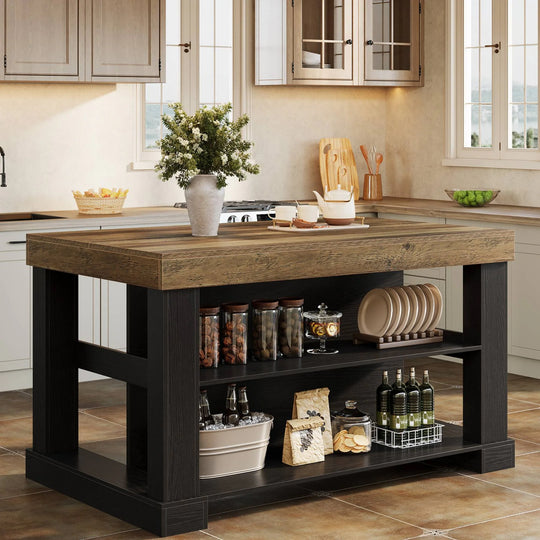 55-Inch Stationary Kitchen Island with Storage Shelves and Large Worktop, Farmhouse Style, Light Brown