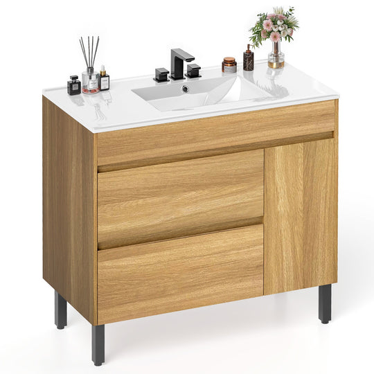 37" Freestanding Single Bathroom Vanity with 1 Soft Closing Cabinet & 2 Drawers