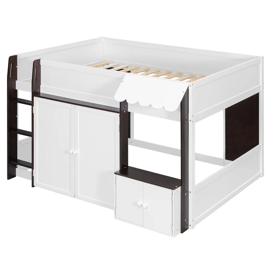 Full Loft House Bed with Playhouse Storage Modern Wood Cabin Bed for Kids