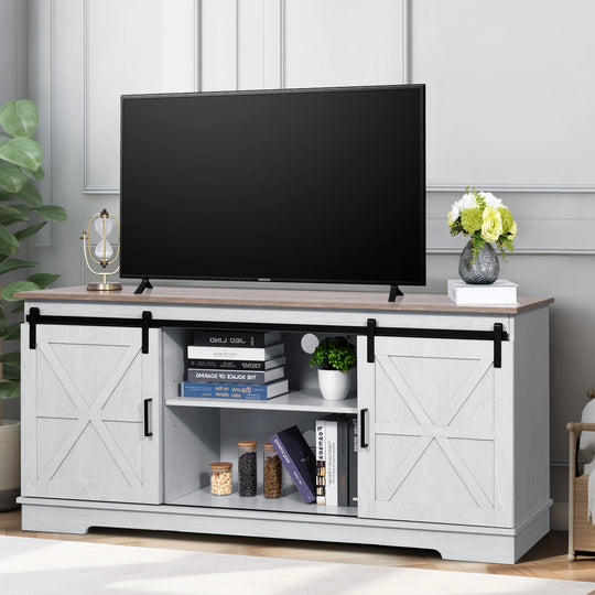 Farmhouse TV Stand with Barn Door Media Console Entertainment Center with Storage Cabinets