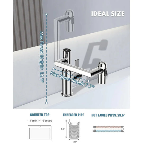 Rotatable Bathroom Faucet with Temperature Display in Fahrenheit (Batteries-Free), BF2204
