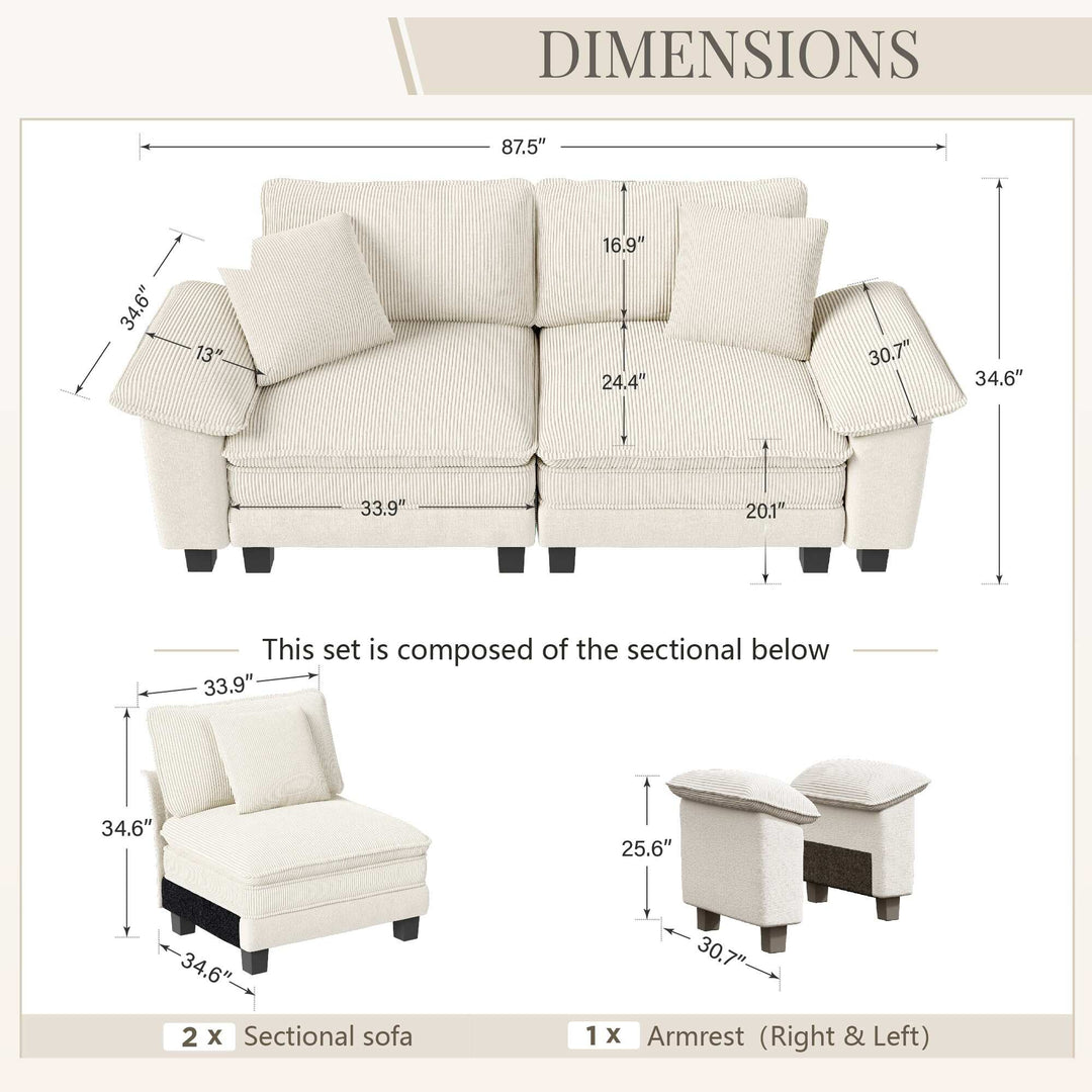 Cloud Modular Deep Seat Sofa, Chenille or Corduroy Sectional Couch with Removable Arms, 1–4 Seater