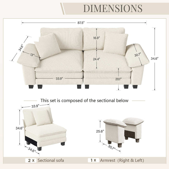 Cloud Modular Deep Seat Sofa, Chenille or Corduroy Sectional Couch with Removable Arms, 1–4 Seater