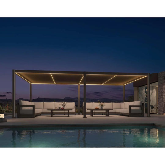 Solar Louvered Pergola with LED String Lights Aluminum Outdoor Pergola with Adjustable Roof for Patio Garden