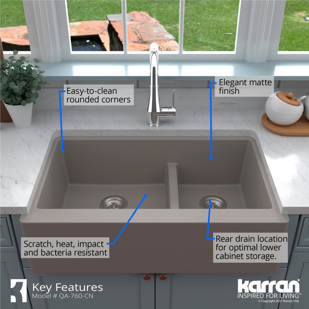 Farmhouse/Apron-Front Quartz Double Bowl Kitchen Sink