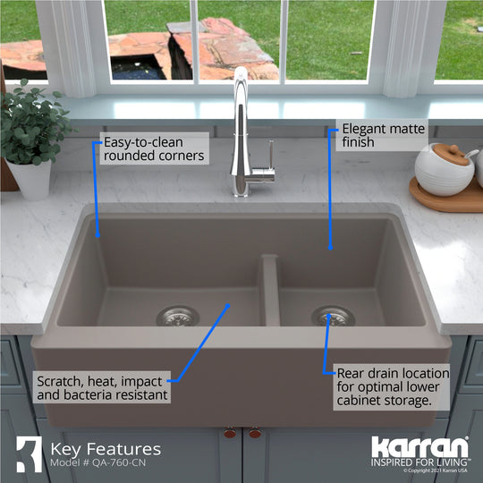 Farmhouse/Apron-Front Quartz Double Bowl Kitchen Sink