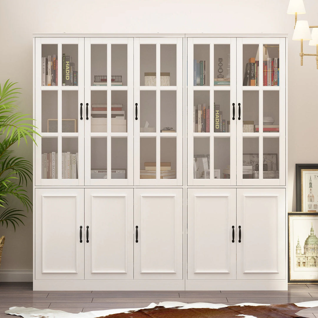 78.7"H Combo Buffet Sideboard White Curio Bookcase Cabinet Glass Door