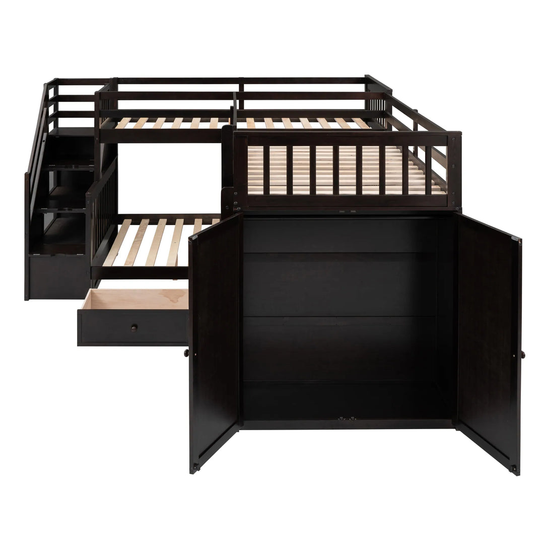 L-Shaped Bunk Bed with Three Drawers, Portable Desk and Wardrobe, Twin-Twin over Full Design