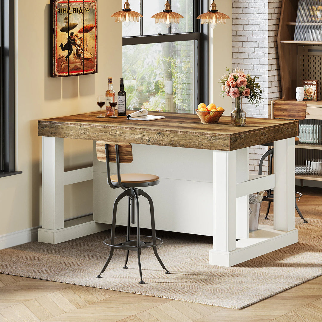 55-Inch Stationary Kitchen Island with Storage Shelves and Large Worktop, Farmhouse Style, Light Brown