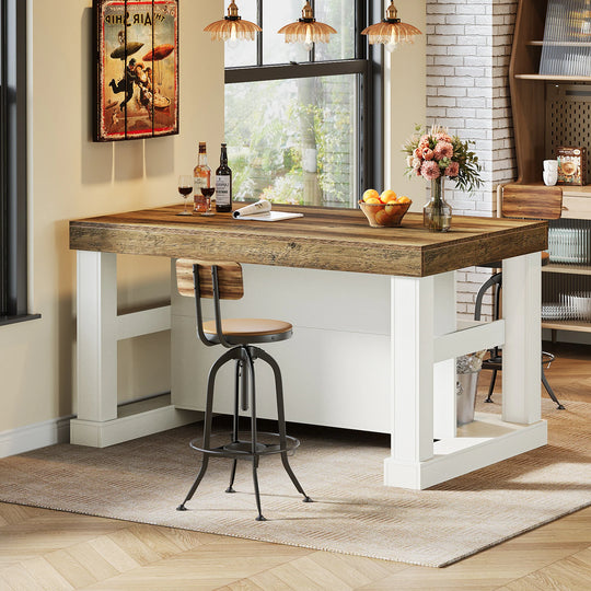 55-Inch Stationary Kitchen Island with Storage Shelves and Large Worktop, Farmhouse Style, Light Brown