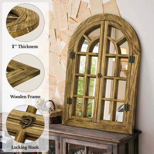 Vintage Wood Windowpane Arched Wall Mirror