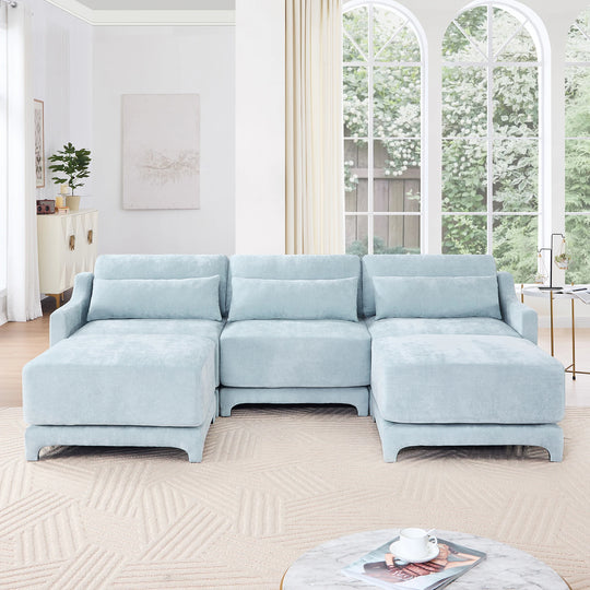Modern Chenille 4-Seater Sofa with 2 Ottoman, Lumbar Cushions, Ergonomic Backrest, High-Resilience Spongeand Tufted Armrests