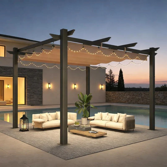 10' X 13' Outdoor Pergola with Retractable Canopy, Heavy-Duty Metal Frame and Adjustable Patio Shade Roof