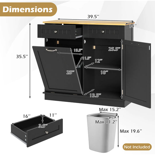 Wooden Kitchen Trash Cabinet Tilt Out Bin Holder W/ Storage Shelf