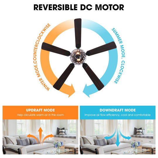 52" Modern Matte Black Reversible Flush Mount Ceiling Fan with Light and Remote - 52 In. D X 52 In. W X 14 In. H