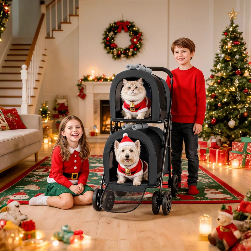 Foldable Pet Stroller with Double Detachable Carriers, Folding Dog Cat Jogger Stroller with Tether