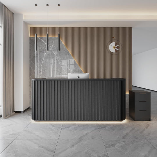 WESOME 70.87In Mid Century Curved Reception Desk with Cable Box LED Light