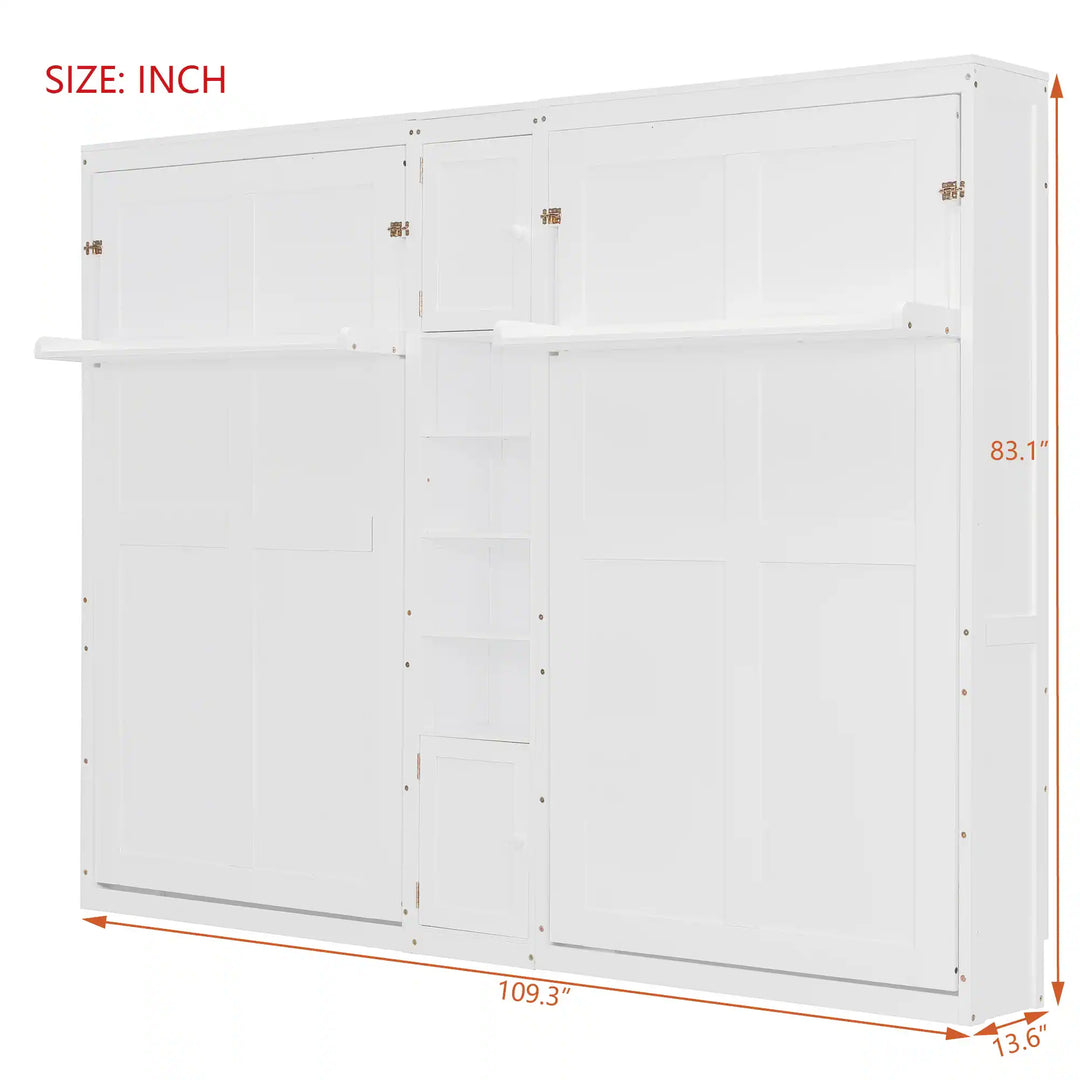 Dual Twin Size Wall Murphy Beds with Cabinets and Shelves, Space-Saving Design
