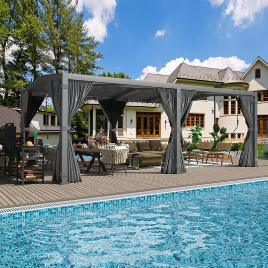 Outdoor Louvered Pergola Gazebo with Adjustable Aluminum Rainproof Roof and Pull-Down Screen