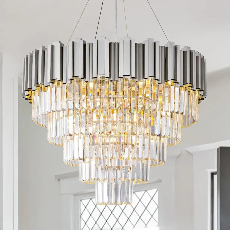 Large Crystal Chandelier - 35.4"Modern 6-Tier 17-Light Chrome Ceiling Light, Luxury K9 Crystal