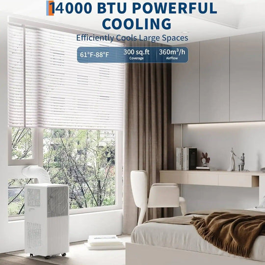 14,000 BTU Portable Air Conditioner with Drainage-Free, Remote Control for Large Room, Campervan, Office