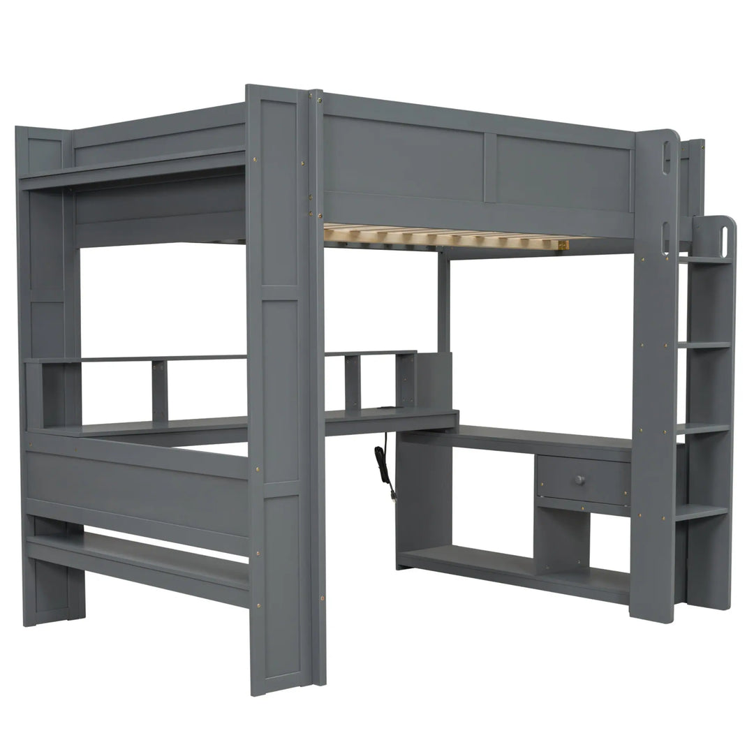 Full Size Gaming Loft Bed with Desk, Multi-Storage Shelves, LED and Charging Station, Dark Design